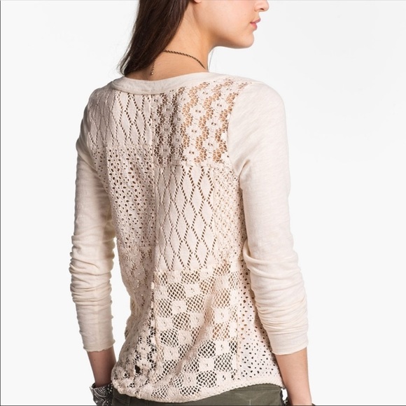 Free People patchwork Lacey back crochet ivory long sleeve top size small - Picture 2 of 8